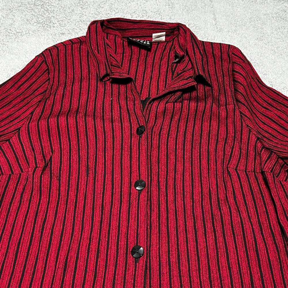Maggie Barnes Womens Grunge Vertical Stripe Button Up Blouse Red Black 24W